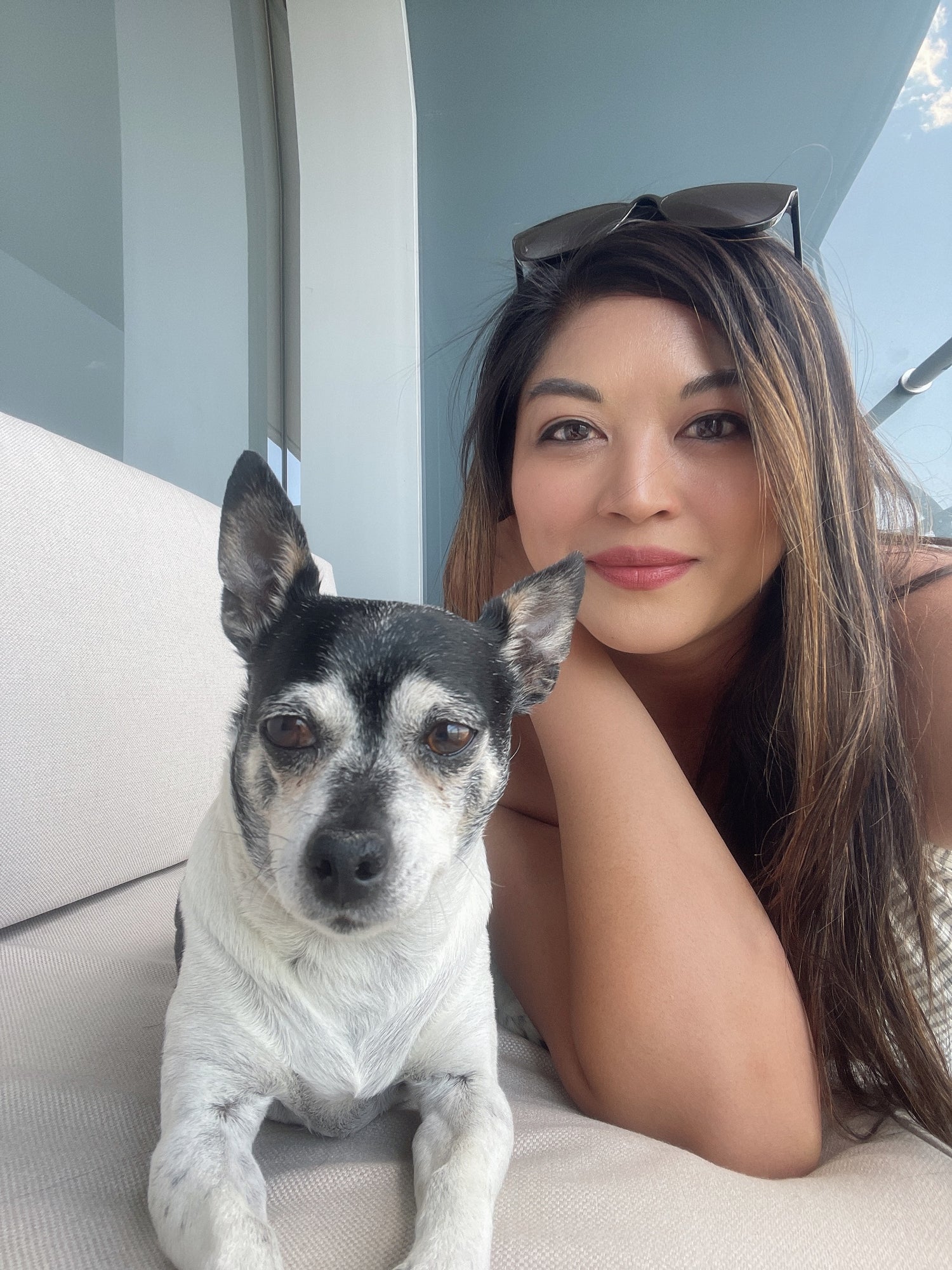 company creator on couch next to her black and white chihuahua dog.