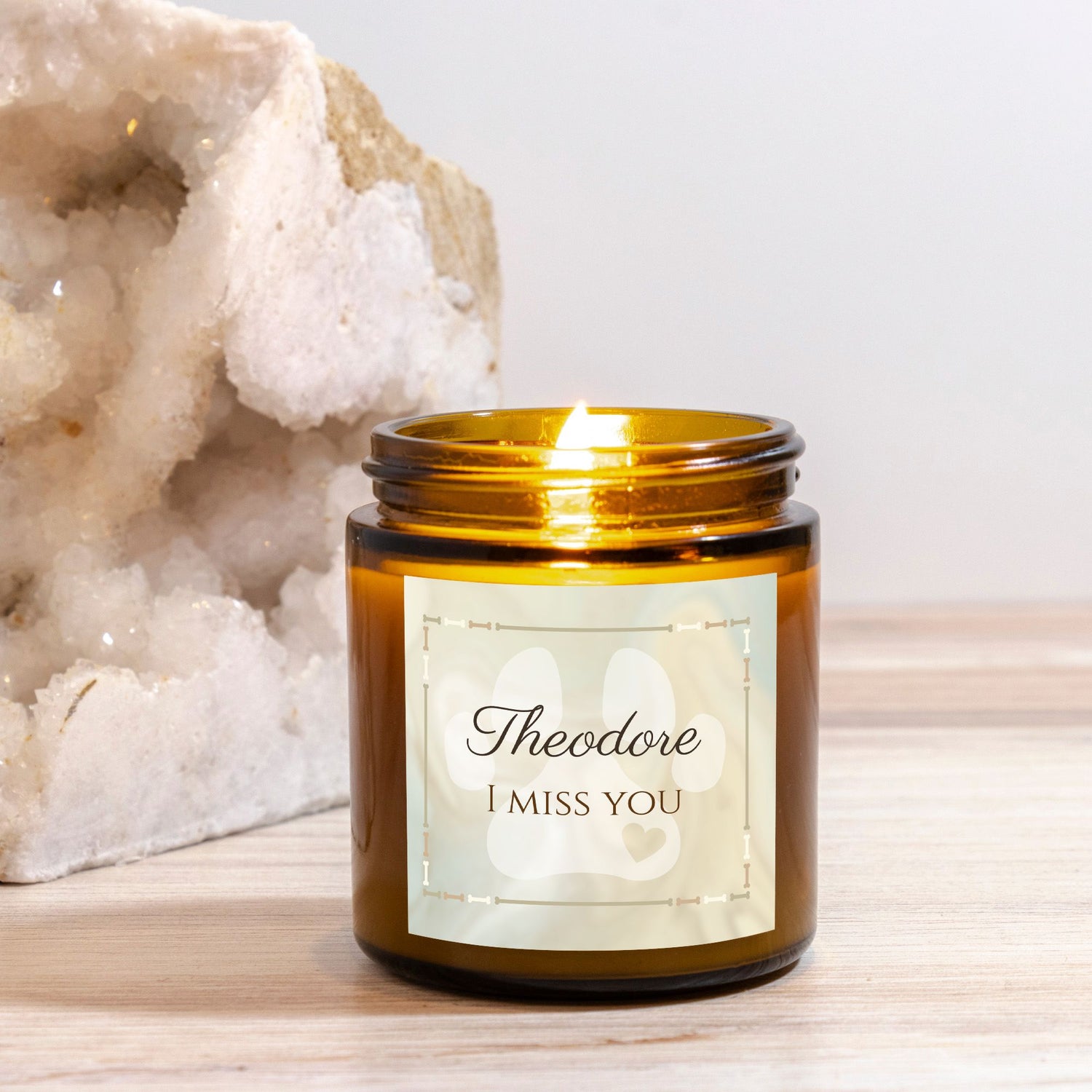 amber glass candle with personalizable name label